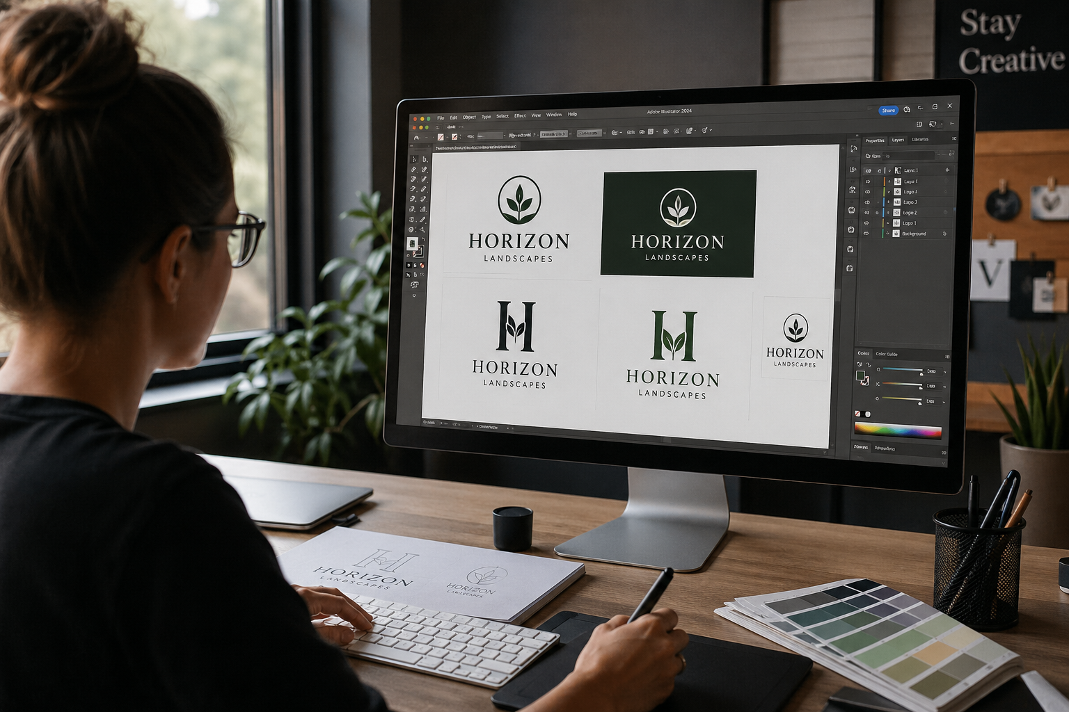 A woman working on graphic design of logos for a company called Horizon Landscapes on a computer in an office.