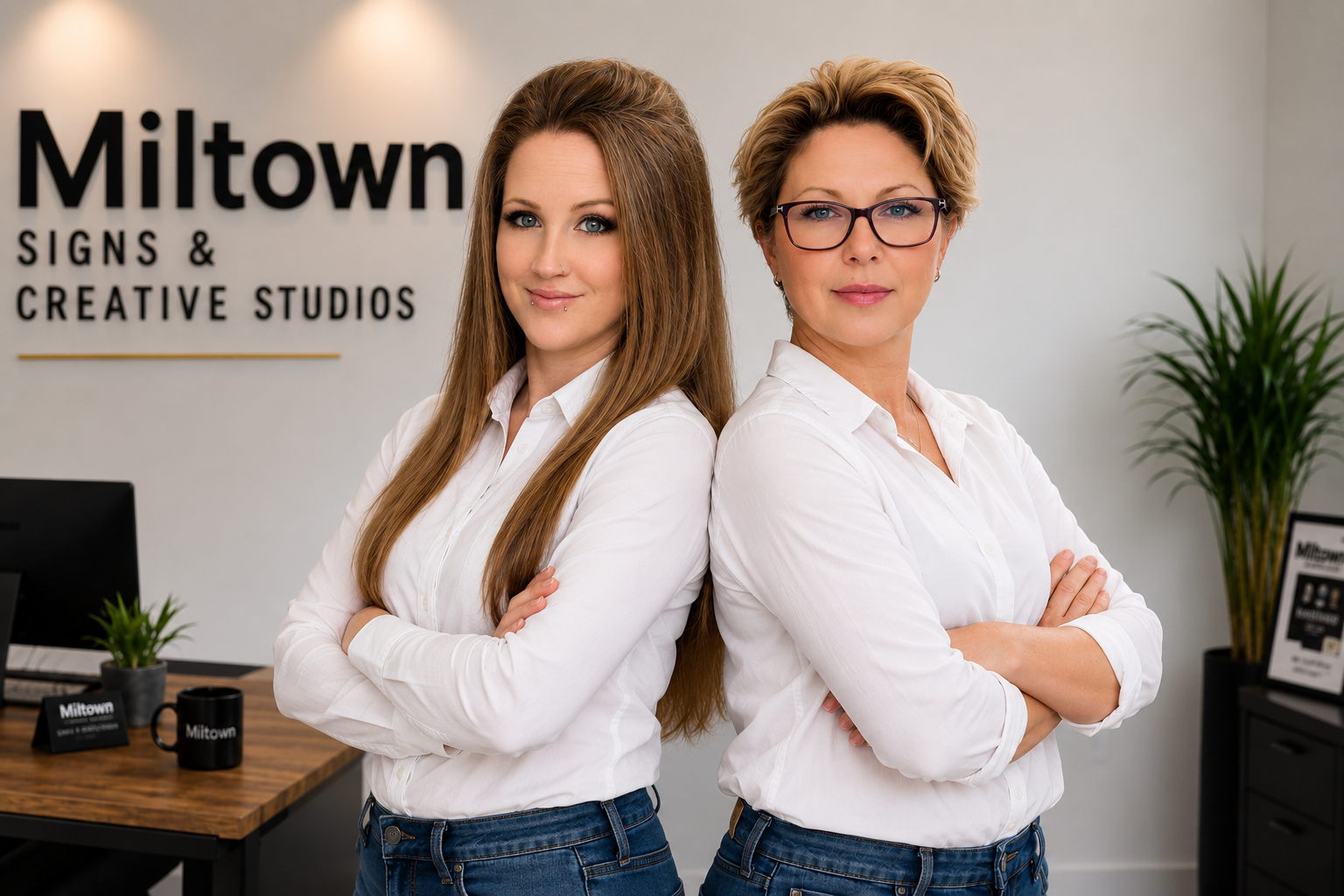 Two women standing back-to-back in an office, crossing their arms, wearing white shirts and jeans, with a company sign and plants in the background.