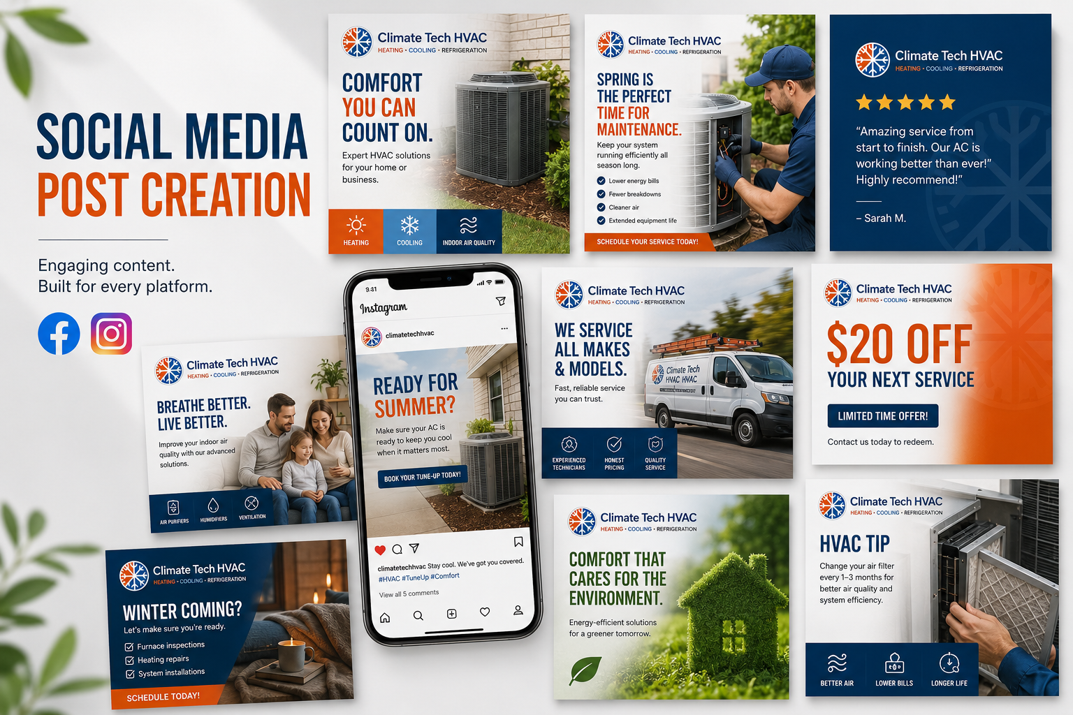 A collage of digital marketing posts and advertisements for Climate Tech HVAC, showcasing HVAC services, promotions, and tips with images of HVAC units, a technician, family, service van, and outdoor scenery.