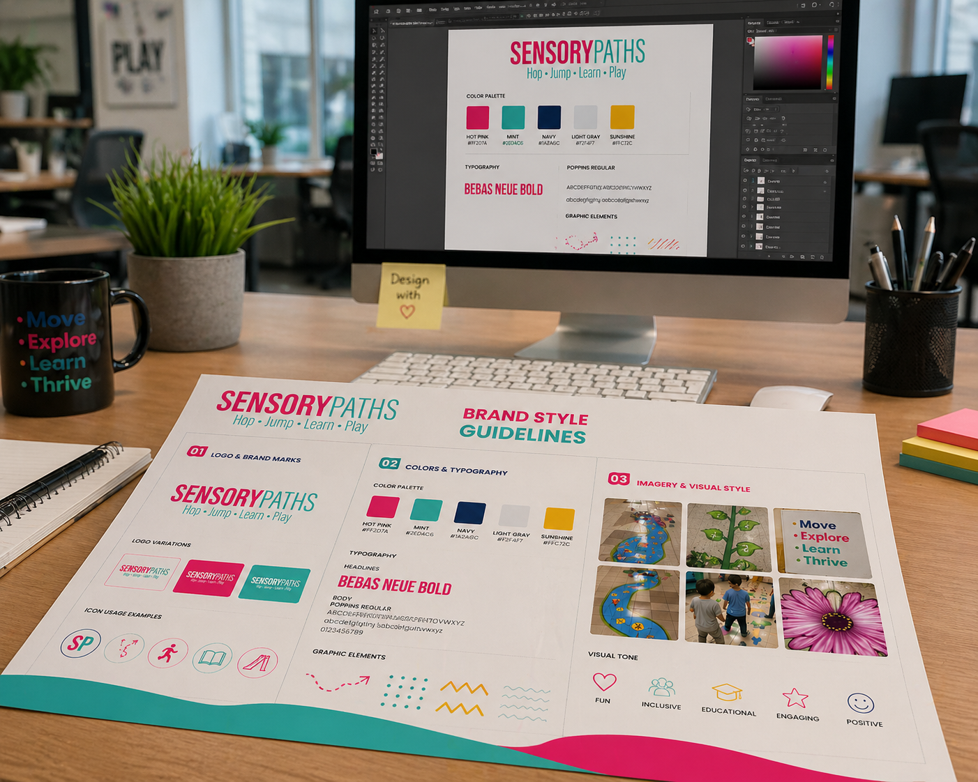 Design layout for 'Sensory Paths' project on a workspace desk, including printed guidelines and color palette with pink, mint, navy, light gray, and sunshine colors, a computer screen displaying the same design, a black mug with colorful text, a potted plant, sticky notes, and office supplies.
