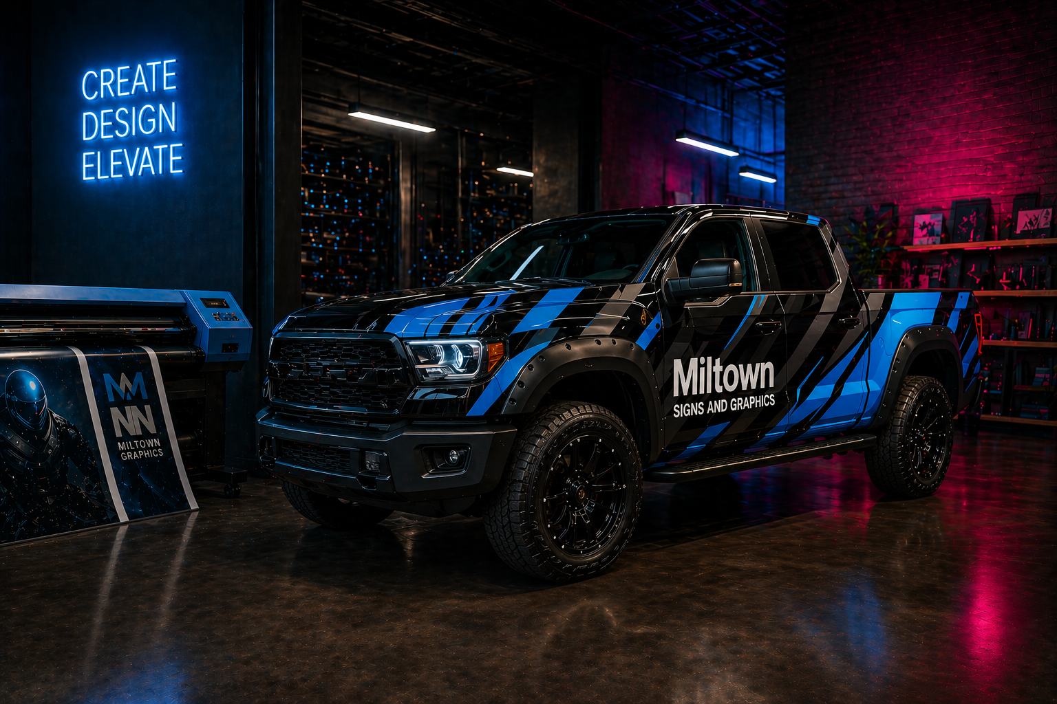 A black and blue pickup truck with branding for Milton graphics inside a garage or showroom with neon lighting and a modern industrial design.