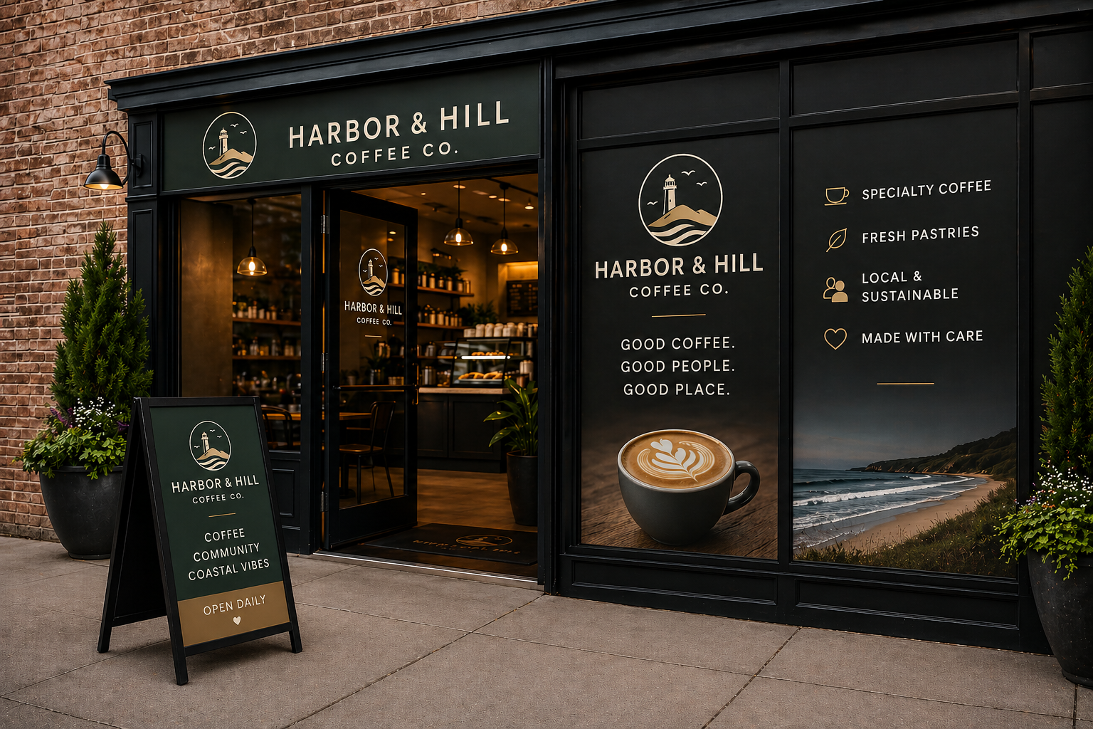 Exterior view of Harbor & Hill Coffee Co. with a dark storefront and large promotional posters, featuring a coffee cup and beach landscape, advertising specialty coffee, fresh pastries, local and sustainable products, and handmade care. A sidewalk sign invites passersby with the coffee shop’s name and community vibe.