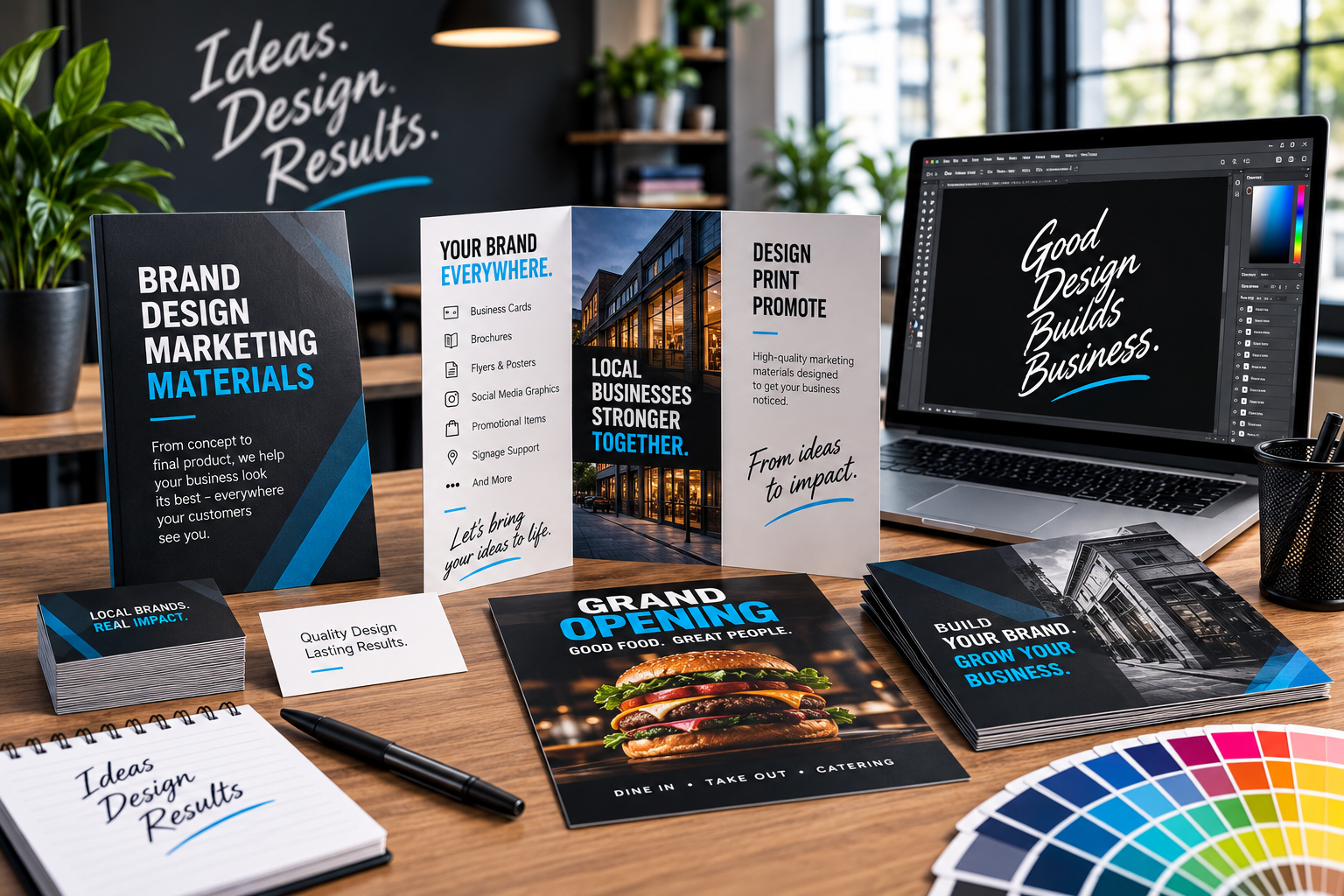 Graphic design and marketing materials including brochures, flyers and promotional graphics created by Miltown Creative Studios.