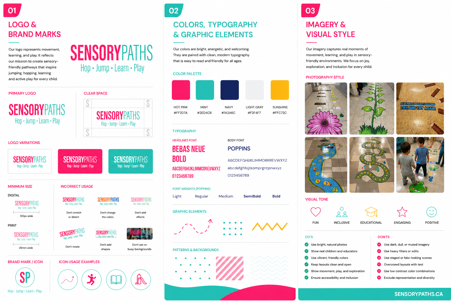Design guide layout with sections on logo and brand marks, colors and typography, imagery and visual style, with photos of children playing on educational floor mats, and style details for fonts, colors, and graphic elements.