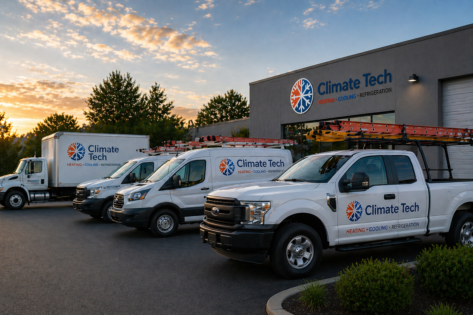 Three utility vehicles parked in front of a building with a sign that says Climate Tech, with a sunset and trees in the background.