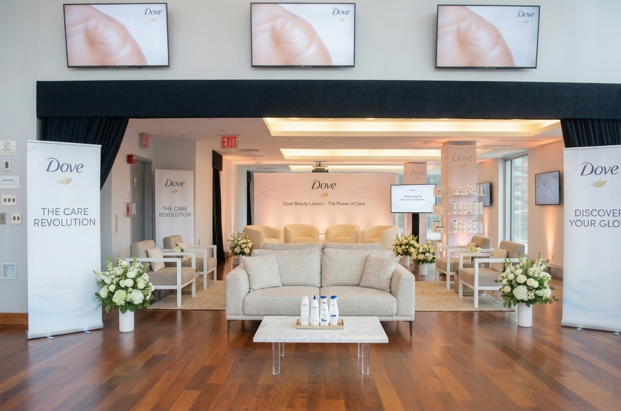 A room set up for a Dove event with banners, flowers, and seating. There are TV screens displaying a close-up of a person's shoulder, and a stage with chairs and branded decor.