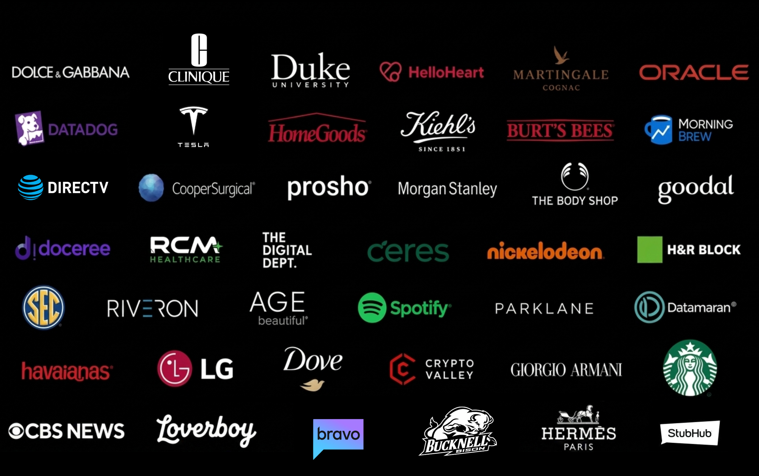 Logos of various brands and companies arranged in a grid on a black background. Notable logos include Dolce & Gabbana, Clinique, Duke University, HelloHeart, Martingale Cognac, Oracle, Datadog, Tesla, HomeGoods, Kiehl's, Burt's Bees, Morning Brew, DIRECTV, Cooper Surgical, prosho, Morgan Stanley, The Body Shop, goodal, doceree, RCM Healthcare, The Digital Dept., ceres, Nickelodeon, H&R Block, SEC, RIVERON, AGE beautiful, Spotify, PARKLANE, Datamaran, Starbucks, Havaianas, LG, Dove, Crypto Valley, Giorgio Armani, Bucknell Bison, Hermès Paris, and StubHub.