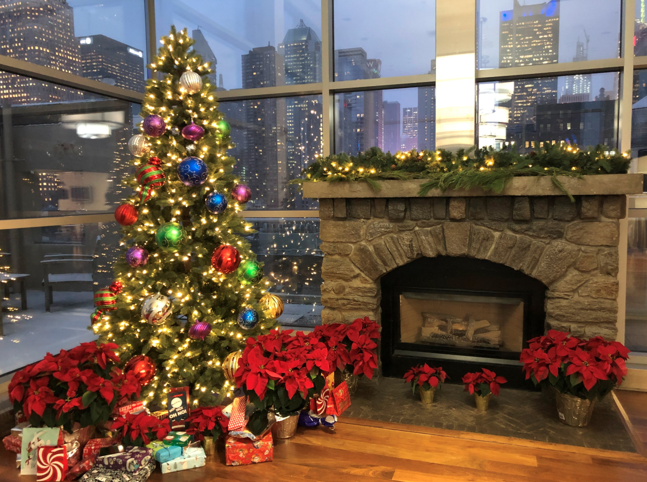 Christmas scene with decorated Christmas tree, poinsettia plants, and wrapped gifts in front of a stone fireplace and large windows showing city skyline at dusk.