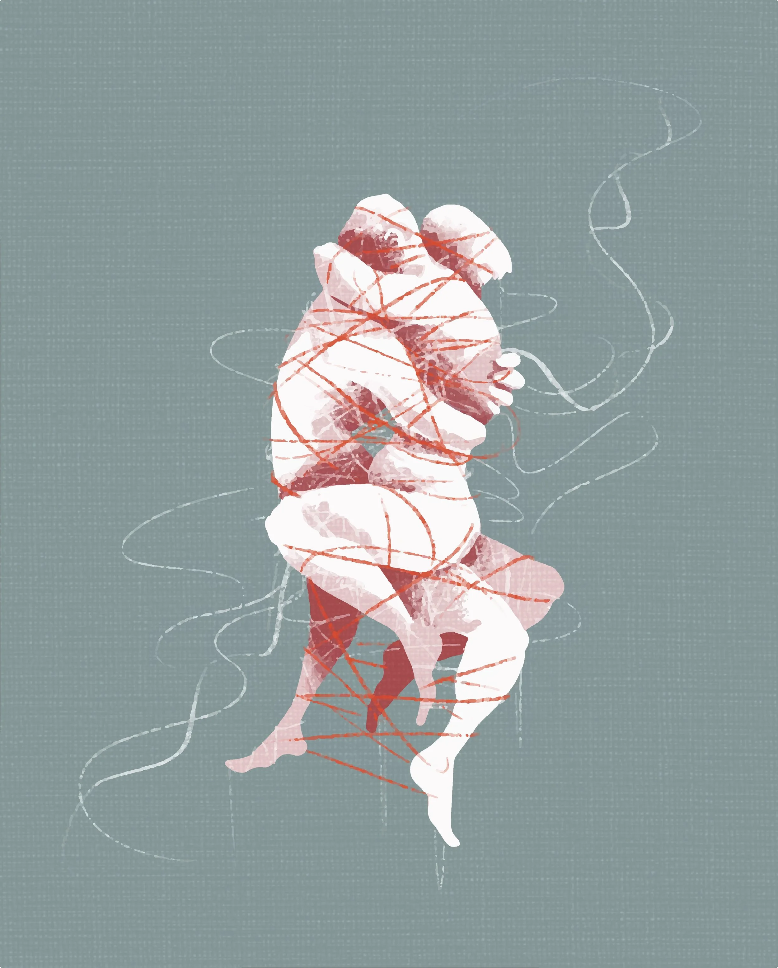 Mano levantada con el dedo índice apuntando hacia arriba, ilustración estilizada con líneas rojas y blancas sobre fondo gris con textura