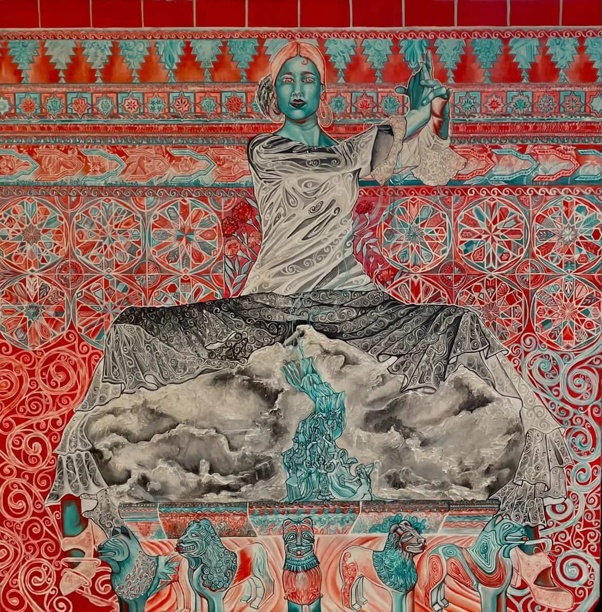 Mural colorido que representa a una mujer en posición de yoga, rodeada de patrones geométricos y animales estilizados, con detalles en azul, rojo y gris.
