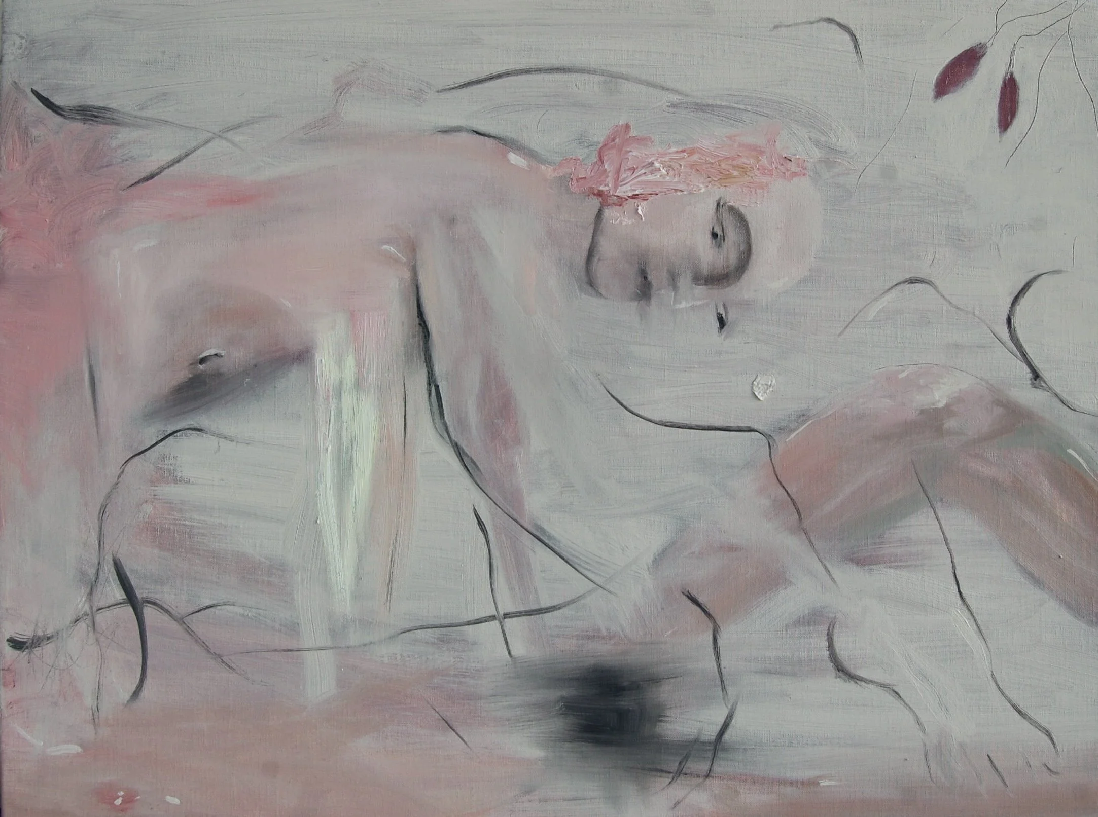 Retrato abstracto de una figura femenina en estilo impresionista, con colores suaves en tonos rosa, gris y negro, y líneas sueltas.