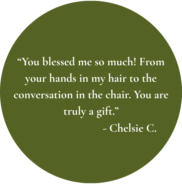 A green testimonial for Madam Tonya with white quote text that reads: "You blessed me so much! From your hands in my hair to the conversation in the chair. You are truly a gift." - Chelsie C.