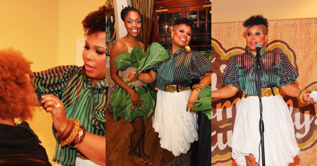 Madam Tonya wearing a vintage-inspired outfit, holding large green leaves, posing at Do What Comes Naturally event.