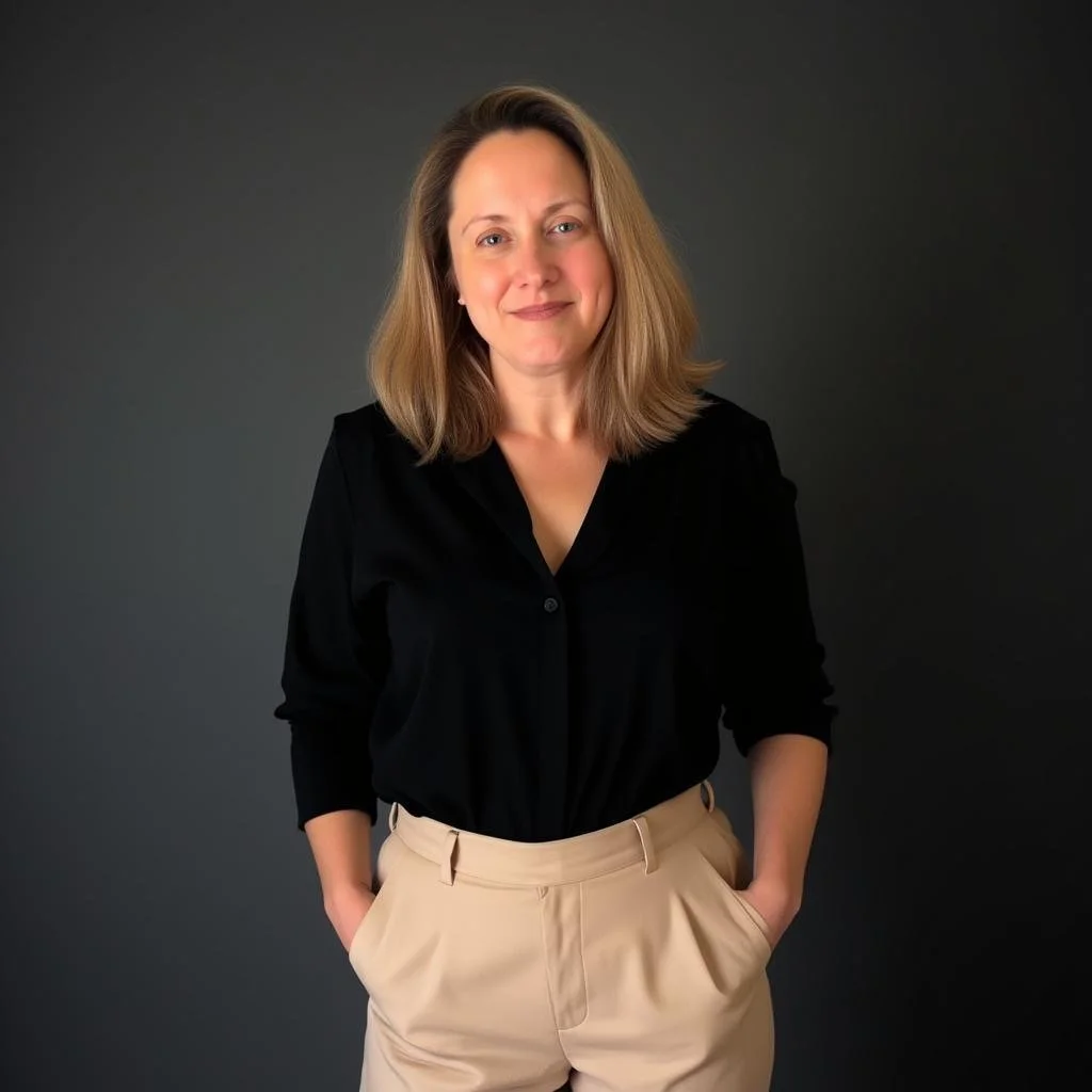 A woman with shoulder-length light brown hair, wearing a black button-up shirt and beige pants, standing against a dark gray background with her hands in her pockets and smiling.