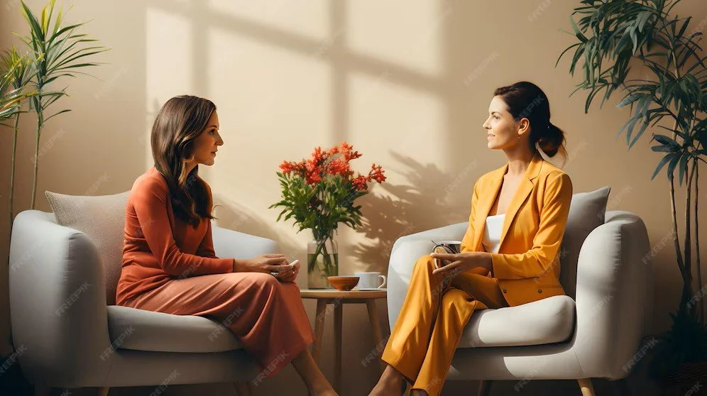 Two women sitting in armchairs having a conversation in a cozy room with plants and a vase with flowers between them.