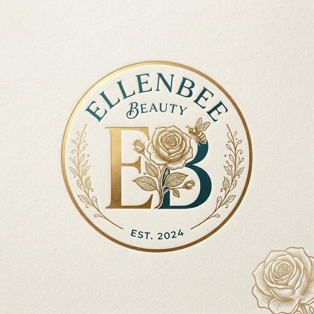Ellenbee Beauty logo featuring a rose and bee illustration, with gold and dark green text on a cream background, established 2024.