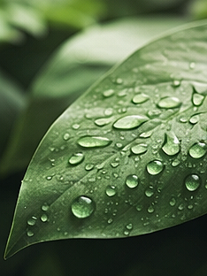 Close-up of a green leaf with water droplets on its surface.