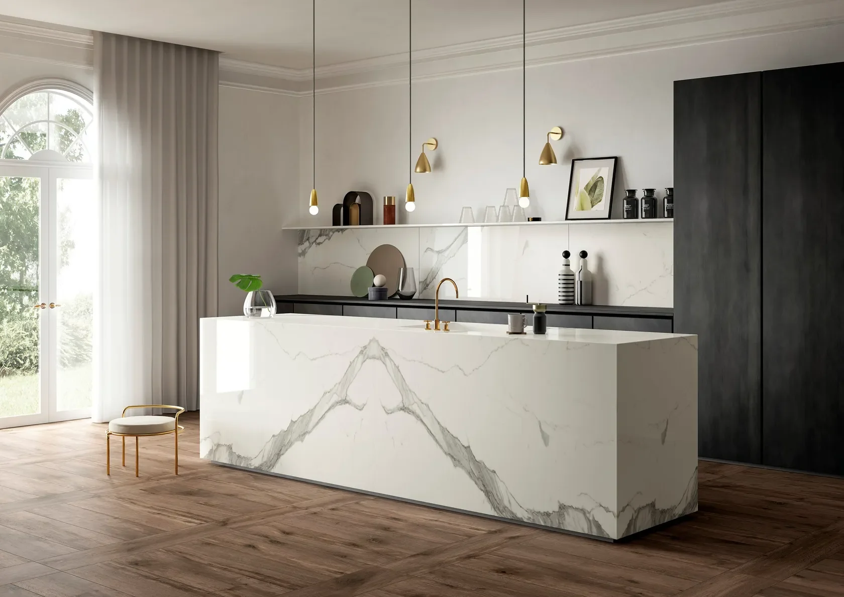 Modern, minimalist kitchen featuring the striking SapienStone Calacatta Statuario 4D porcelain surface, characterized by a bright white base and bold grey veining, supplied by PietraCasa.