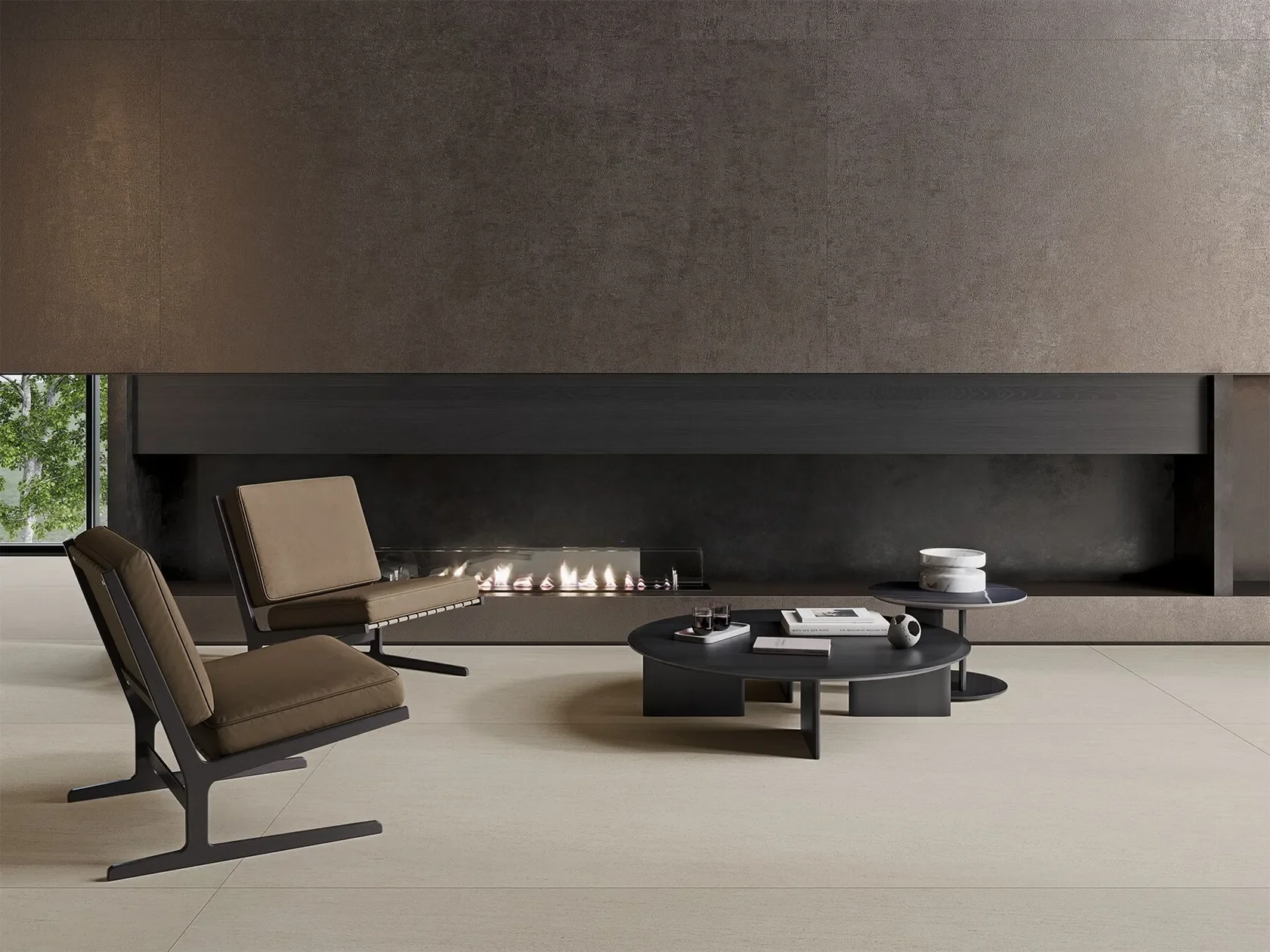 Luxurious living room featuring the metallic-effect INALCO Kaizen collection used as a sophisticated bronze accent wall, exclusively distributed in the UK by PietraCasa.