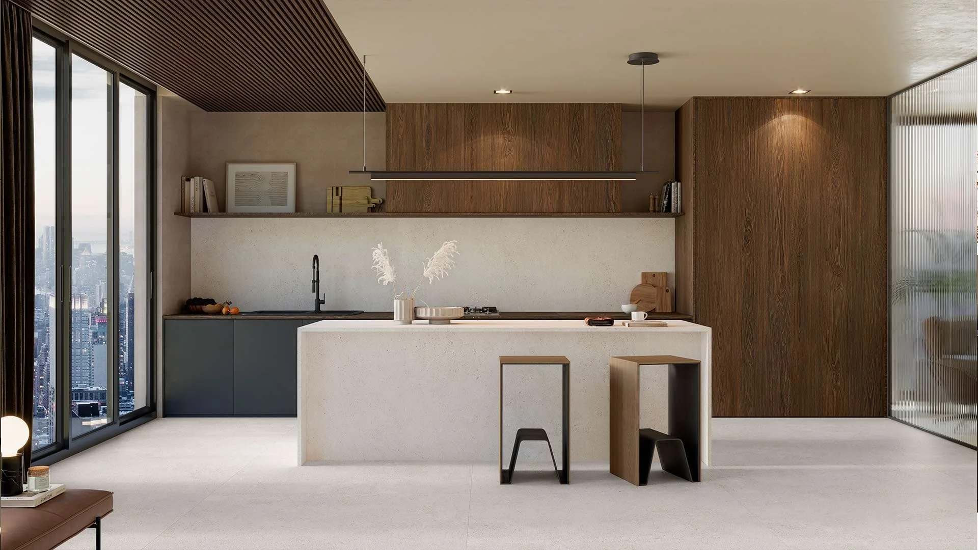 Modern kitchen design featuring surfaces from the Inalco Masai Blanco collection, exclusively distributed in the UK by PietraCasa.