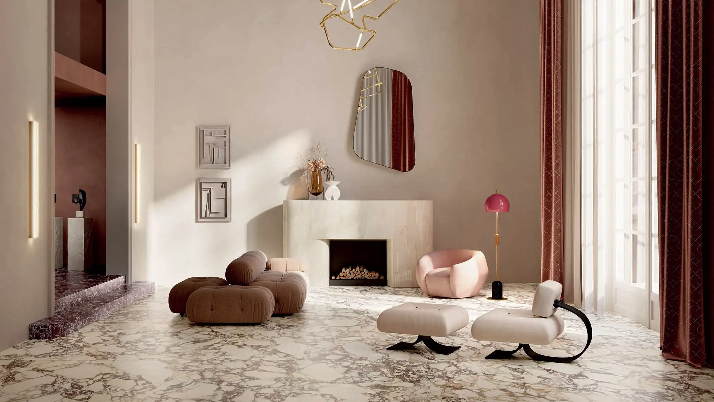 Elegant luxury living space featuring high-end Italian porcelain flooring from the Iris Ceramica Group, highlighting dramatic, highly-veined Calacatta Viola marble-effect slabs, available through PietraCasa.