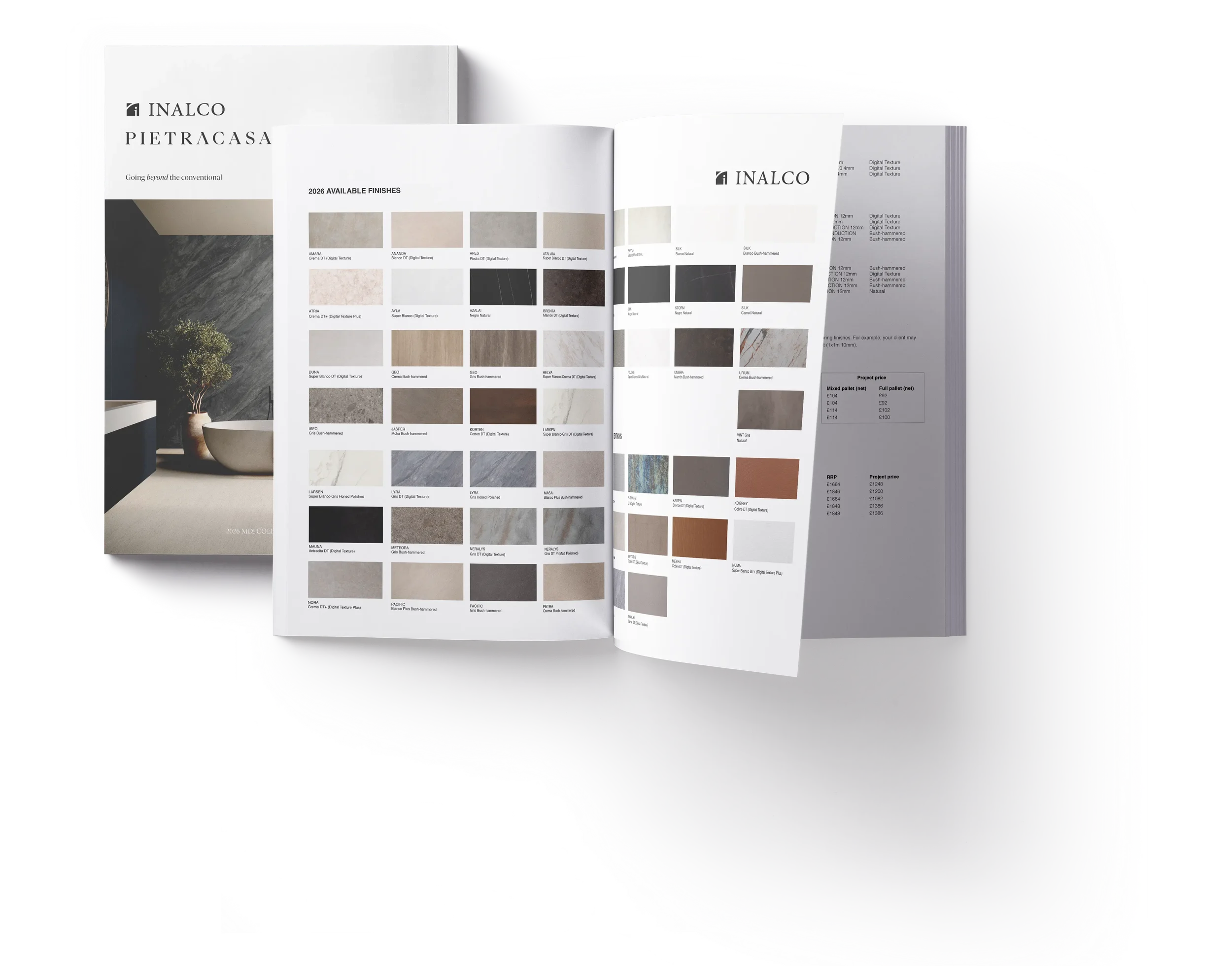 The 2026 Inalco MDi collection catalog and price list guide for design professionals and fabricators, highlighting available porcelain surface finishes, exclusively distributed in the UK by PietraCasa.