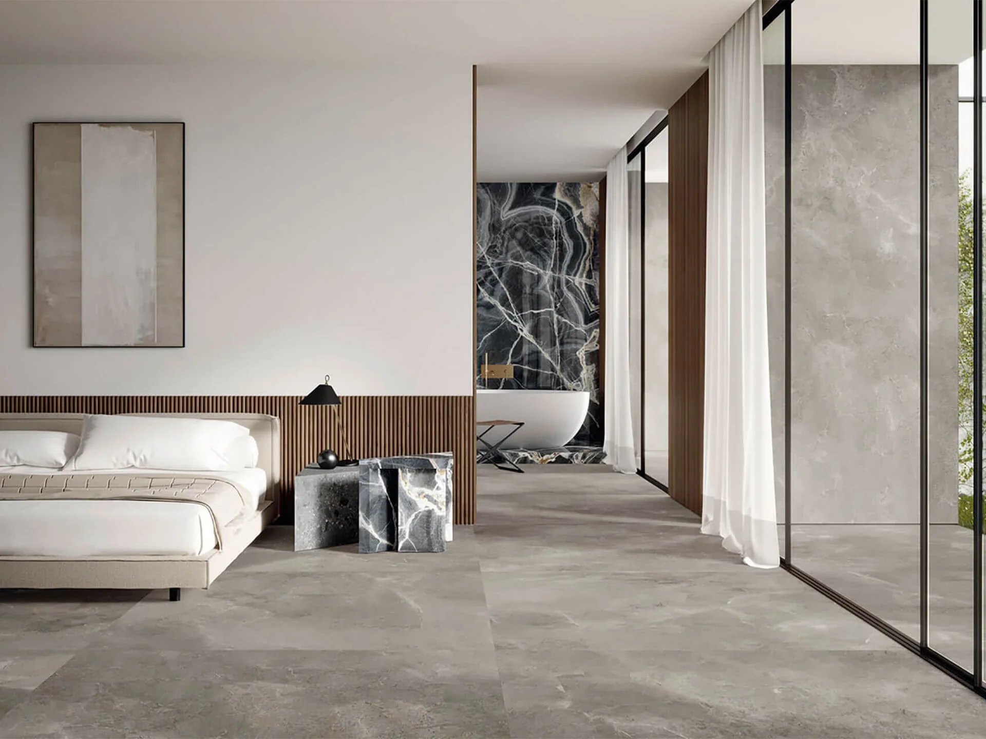 Luxury bedroom and ensuite interior featuring Ariostea Ultra Pietre porcelain stoneware slabs in Galaxy Grey, supplied and installed nationwide by PietraCasa.
