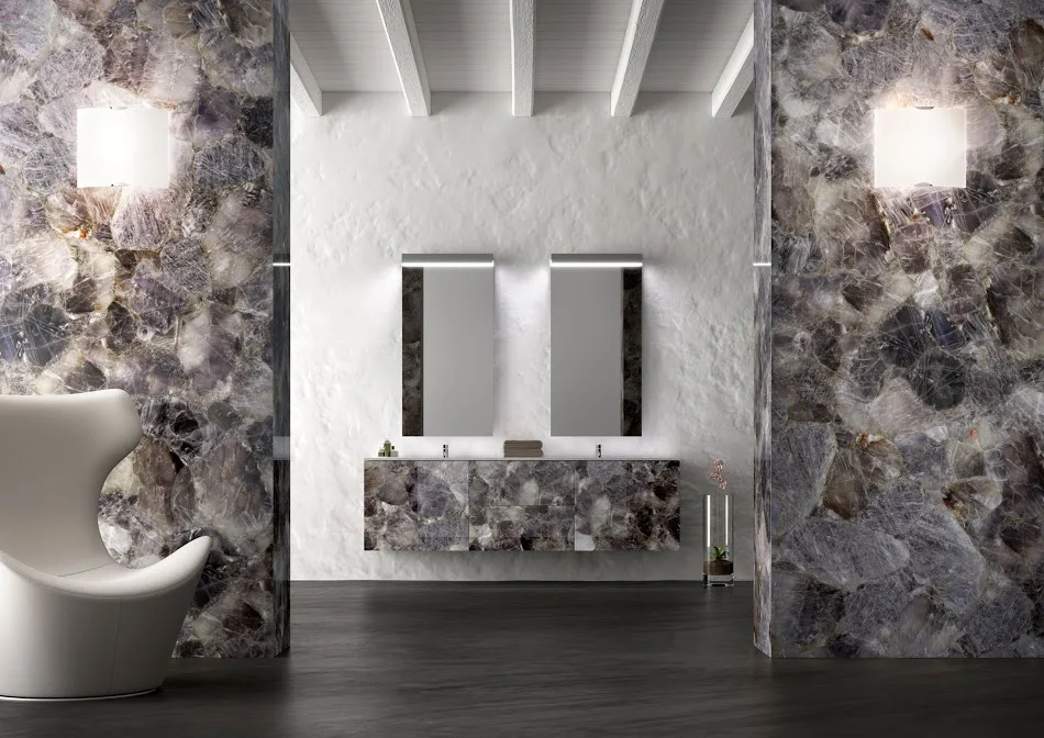 Wall and floating vanity crafted from Blue Quartz, sourced from natural quartz and agate lines often found in collections like Antolini Precioustone, supplied by PietraCasa.