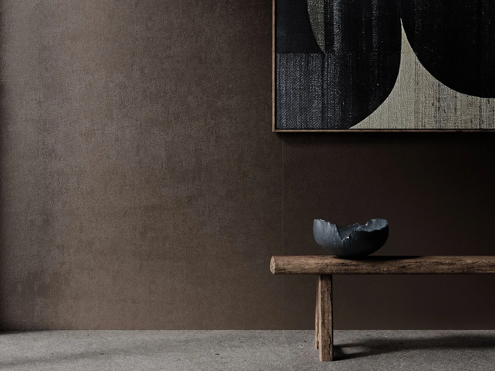 Sophisticated wall featuring the Inalco Kaizen Bronze digital texture, a large-format MDi porcelain surface utilizing advanced Shaped technology to synchronize a tactile, dot-like graphic pattern with a subtle relief, exclusively distributed in the U