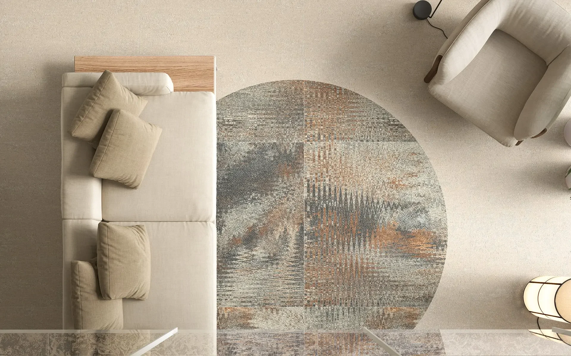 Modern interior space featuring 'Trame Caleidoscopio' decor tiles from the Thékē collection by Iris Ceramica, designed to mimic a woven rug in high-end porcelain stoneware, available through PietraCasa.