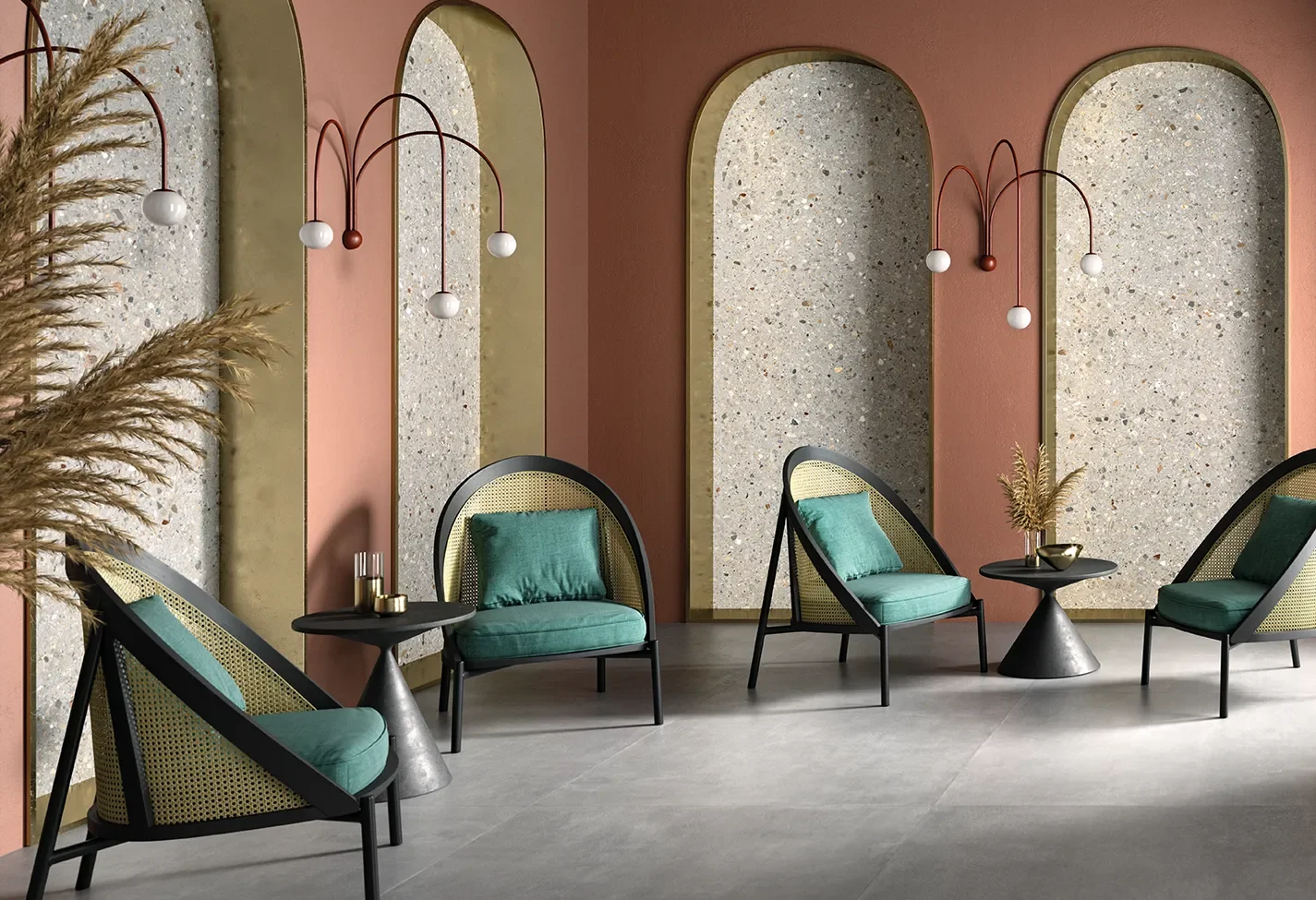 Interior space featuring Dolmix Grey porcelain stoneware tiles from the Dolmix Collection by Italian manufacturer Ceramiche Keope, available through PietraCasa.