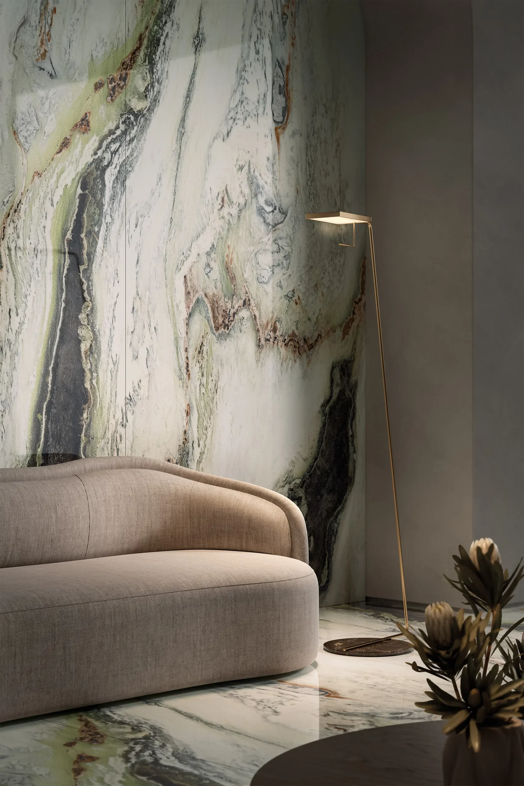 Luxurious interior featuring FMG Marmi Maxfine Panda White porcelain slabs with striking, high-contrast marble-effect veining, supplied by PietraCasa.