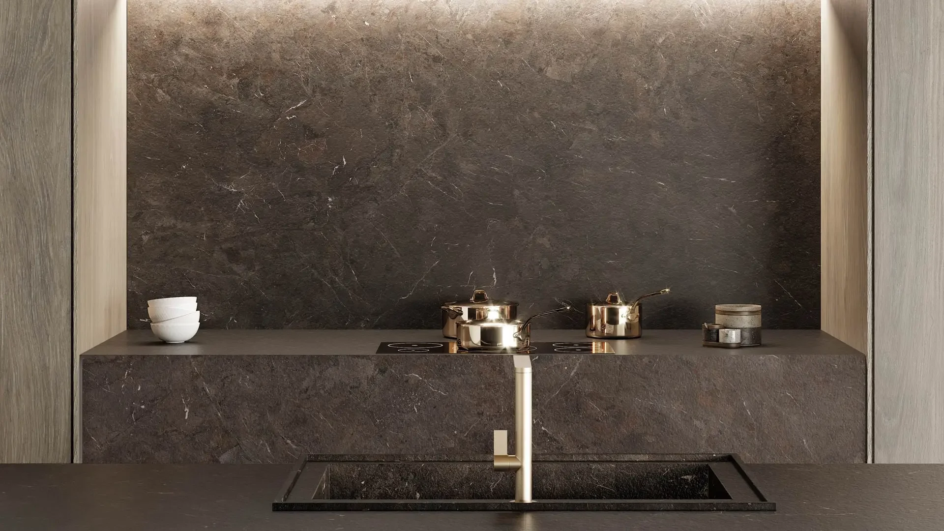 Sophisticated kitchen design featuring the Inalco Umbra iTOP collection, a dark brown, bush-hammered porcelain surface inspired by Brazilian natural stone, exclusively distributed in the UK by PietraCasa.