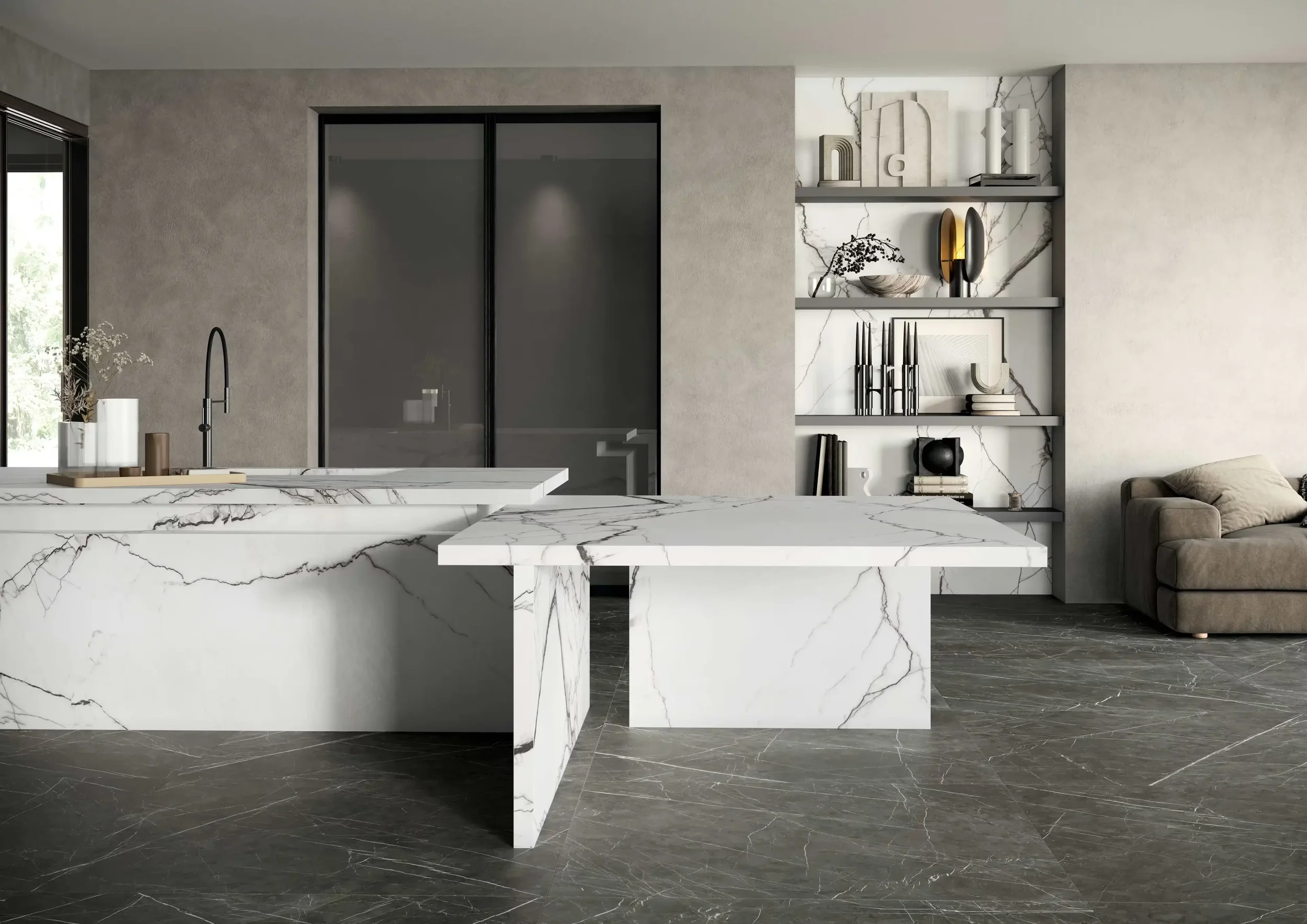 Modern kitchen featuring luxurious white marble-effect surfaces from the FLORIM stone collection, expertly supplied and installed by PietraCasa.