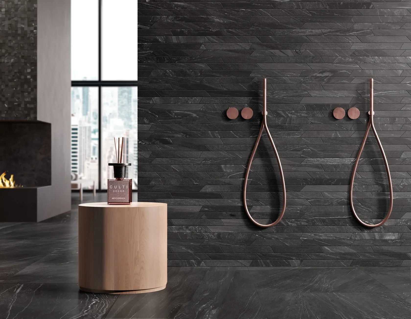 Modern interior space featuring dark stone-effect tiles from the Fjord collection by Impronta Ceramiche, part of the Italgraniti Group, supplied by PietraCasa.