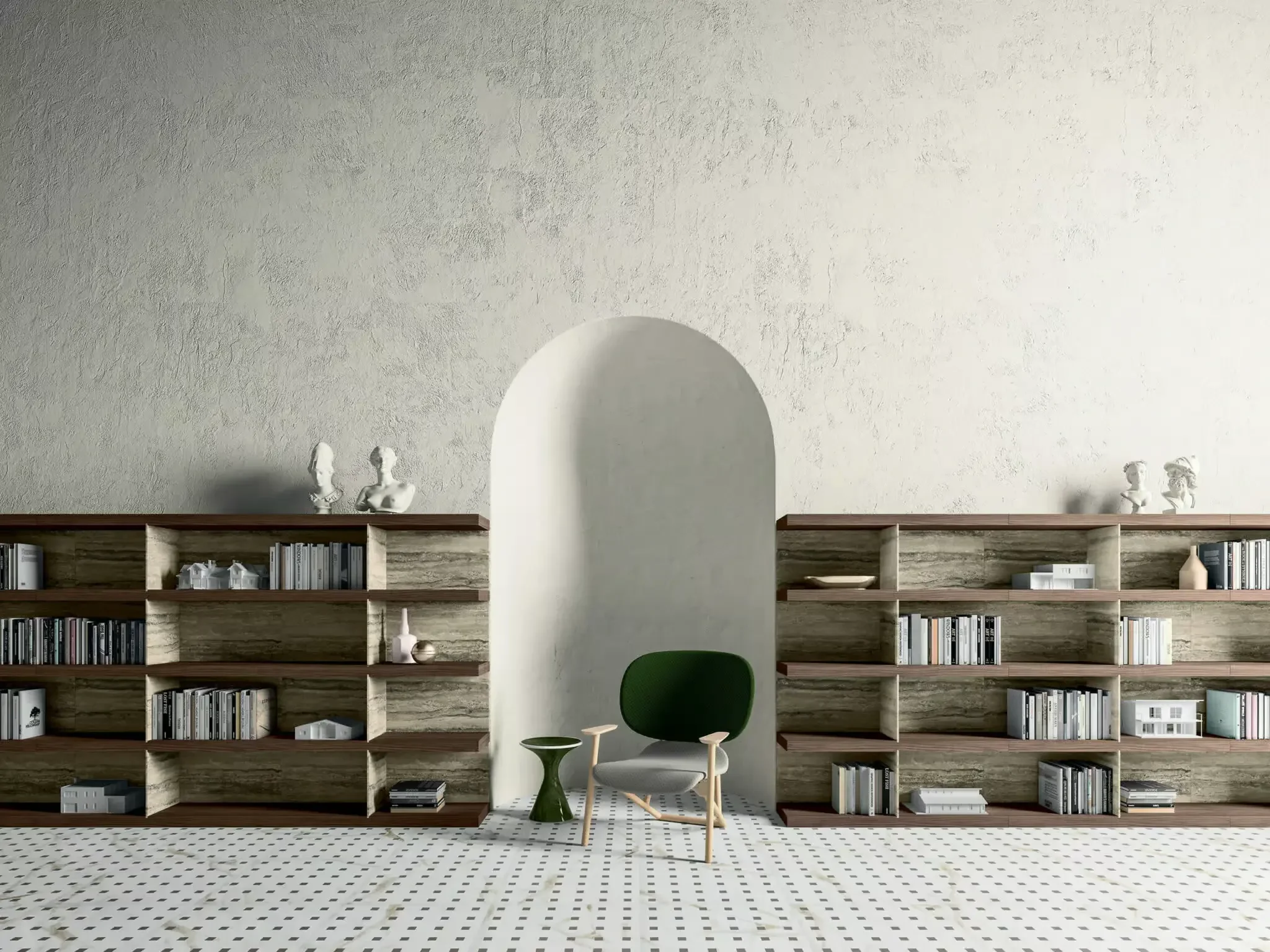 The Shiro modular bookcase system by Kreoo, designed by Enzo Berti, featuring a combination of thick wooden shelves and structural marble uprights, available through PietraCasa