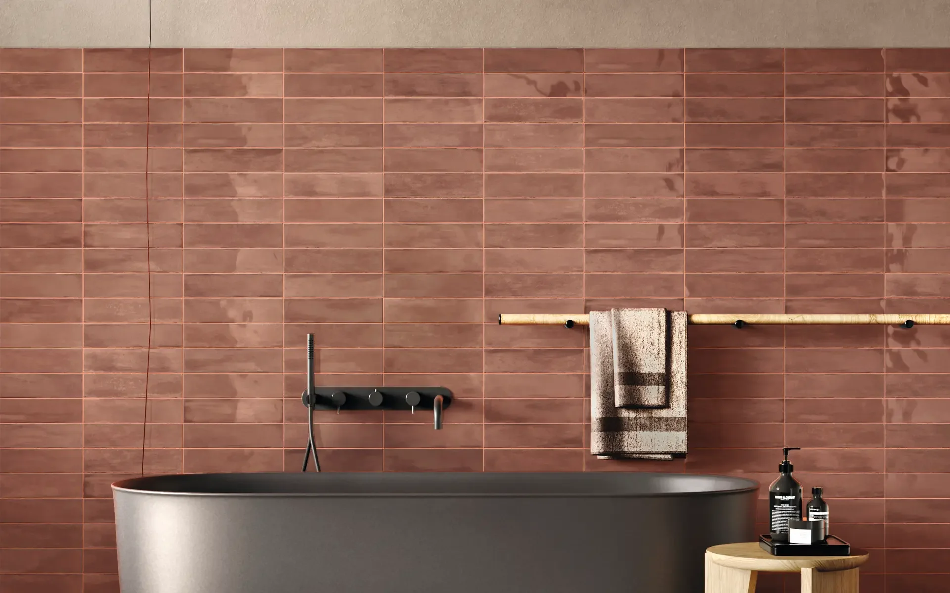 Contemporary bathroom featuring Iris Ceramica's Elementi Wall Coverings in the 'Peonia' colorway, showcasing 7.5x30 cm semi-stoneware porcelain tiles with an earthy, terracotta hue, available through PietraCasa.