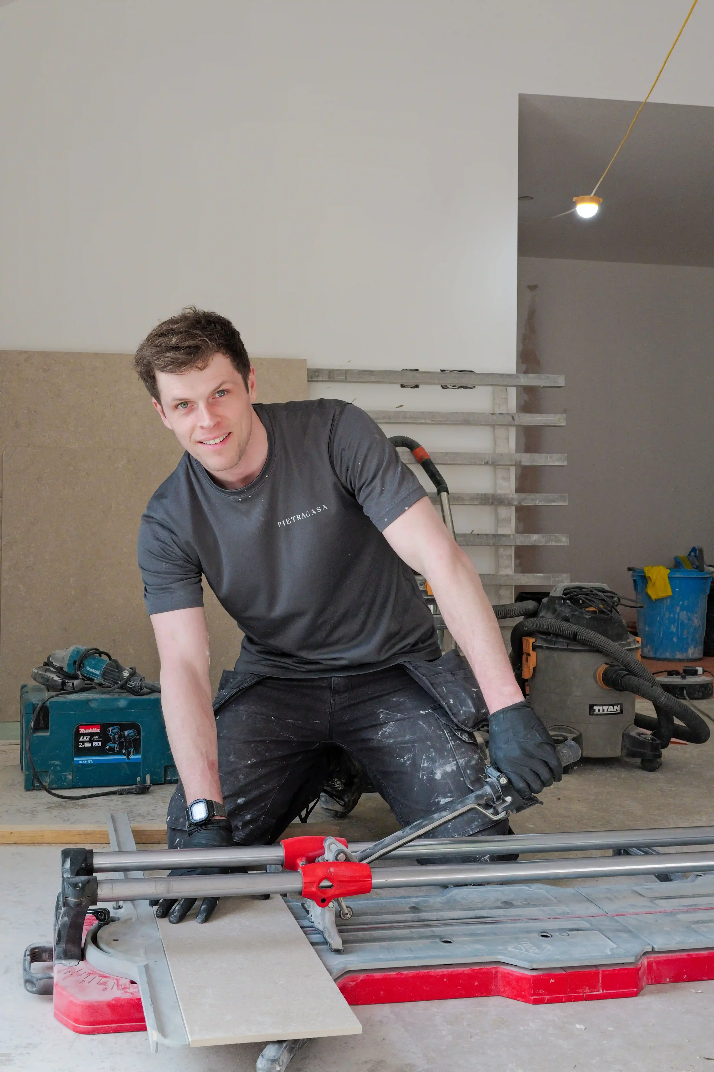unior Installer Jake Bending at PietraCasa, supporting large-format porcelain slab fabrication and precision installation projects.