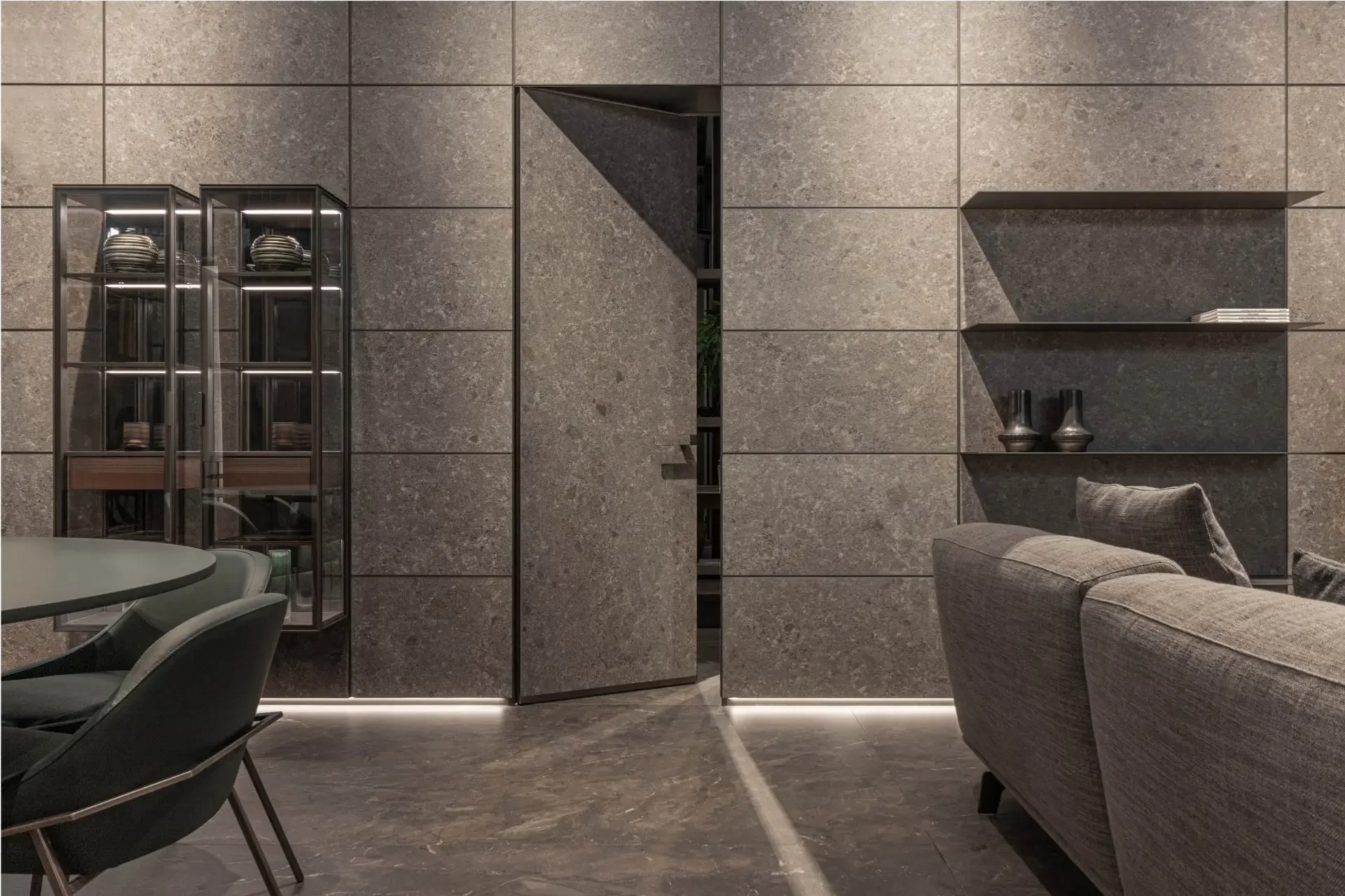 The Rimadesio systems in the Inalco atelier, MDi cladding by Inalco, Meteora gris abujardado finishing.