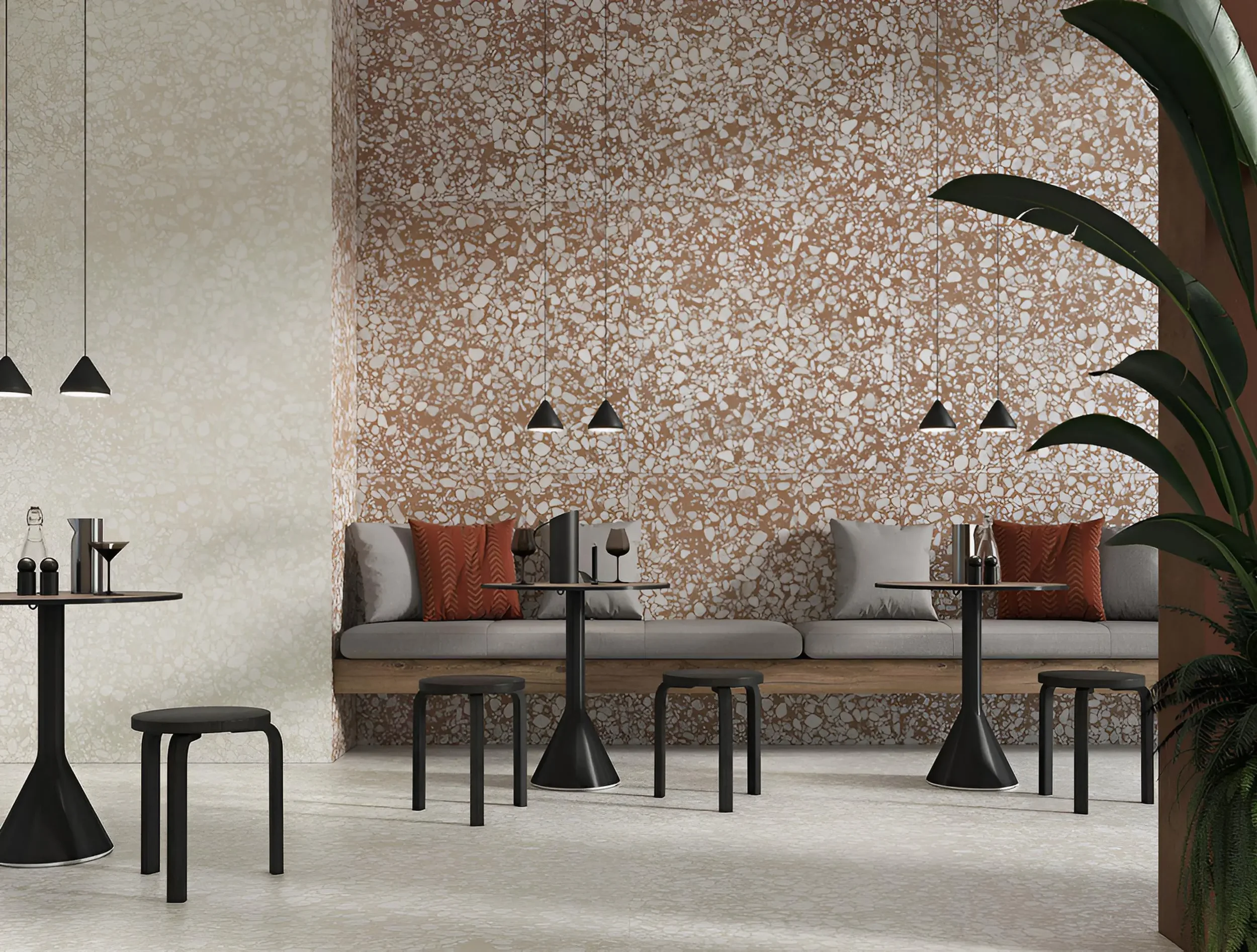 Modern restaurant interior featuring Micro Cluster Cotto wall tiles and Cluster White flooring, supplied by PietraCasa.