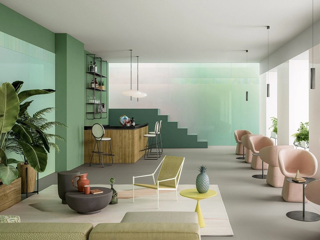 Modern commercial interior featuring the Cromatica collection by Cedit - Ceramiche d'Italia, designed by Formafantasma, supplied and installed nationwide by PietraCasa.