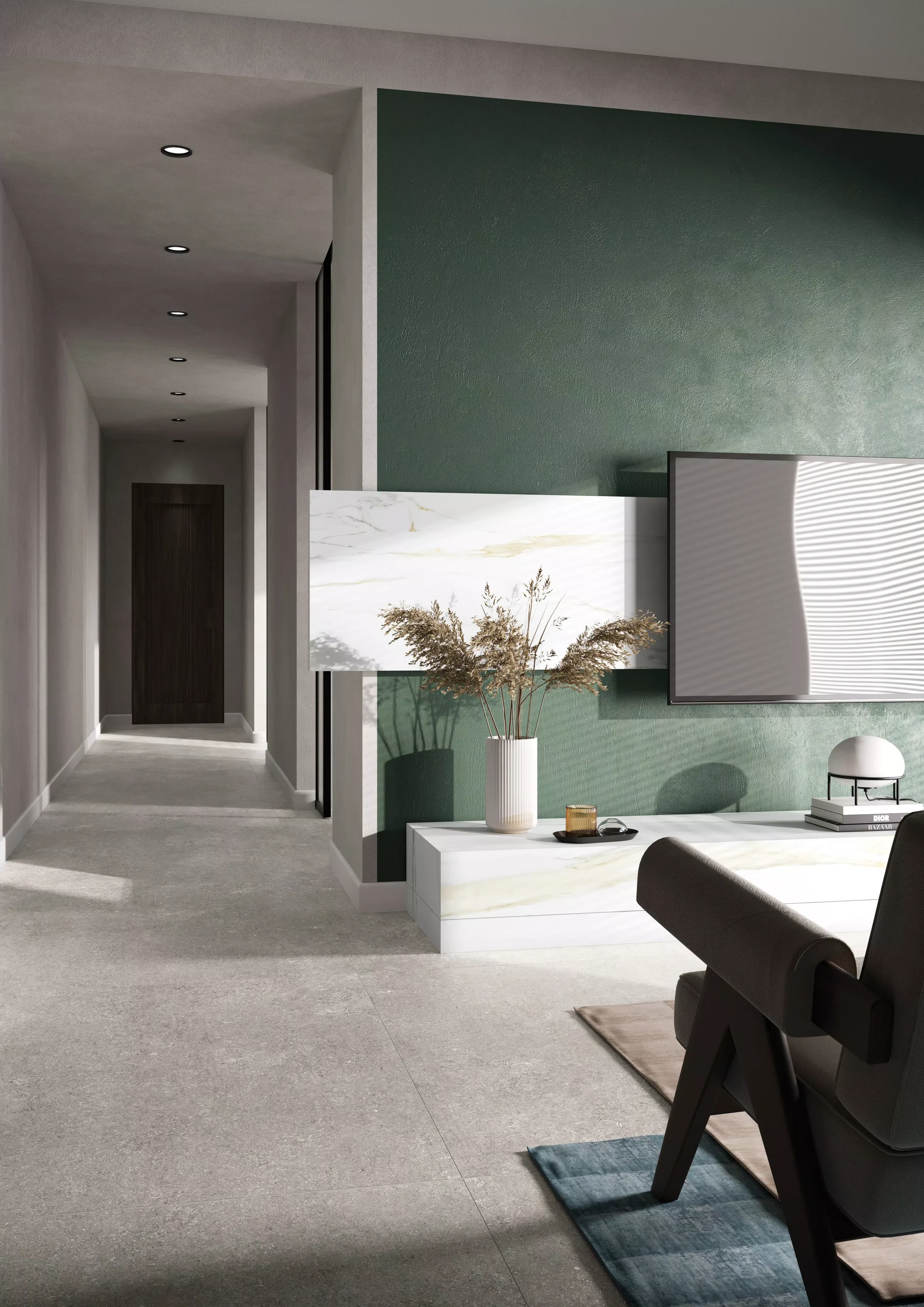 Contemporary living room featuring a media console and floating panel in Marble Calacatta Gold A porcelain slabs, complemented by Fossil Gray matte-finished flooring, expertly supplied and installed by PietraCasa.