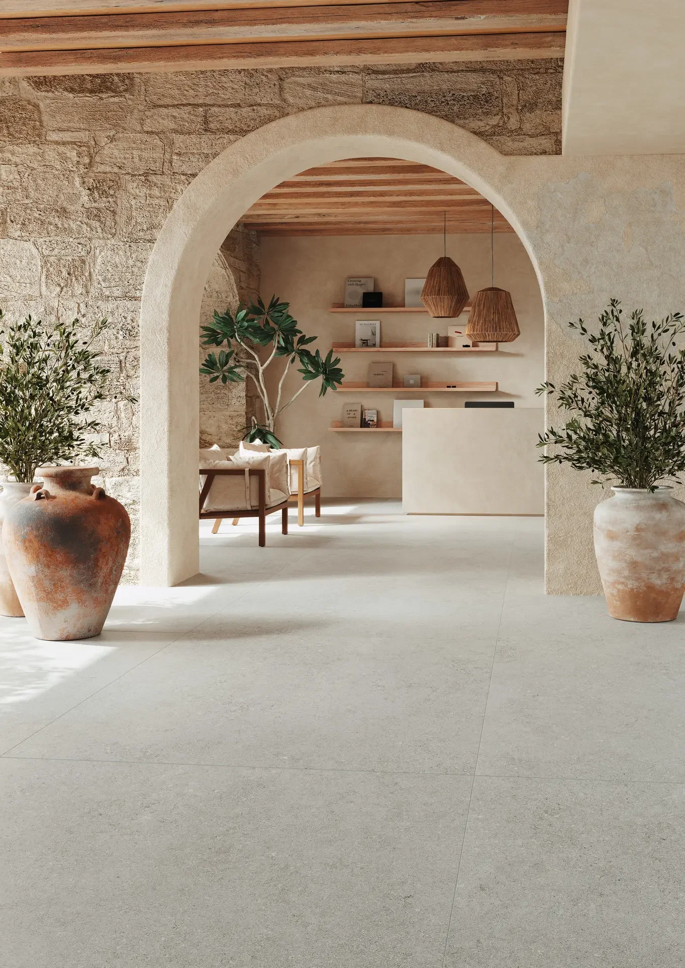 Tranquil interior scene featuring Marazzi's Mystone Berici collection, a durable porcelain stoneware designed to emulate the classic elegance of Vicenza stone, available through PietraCasa.