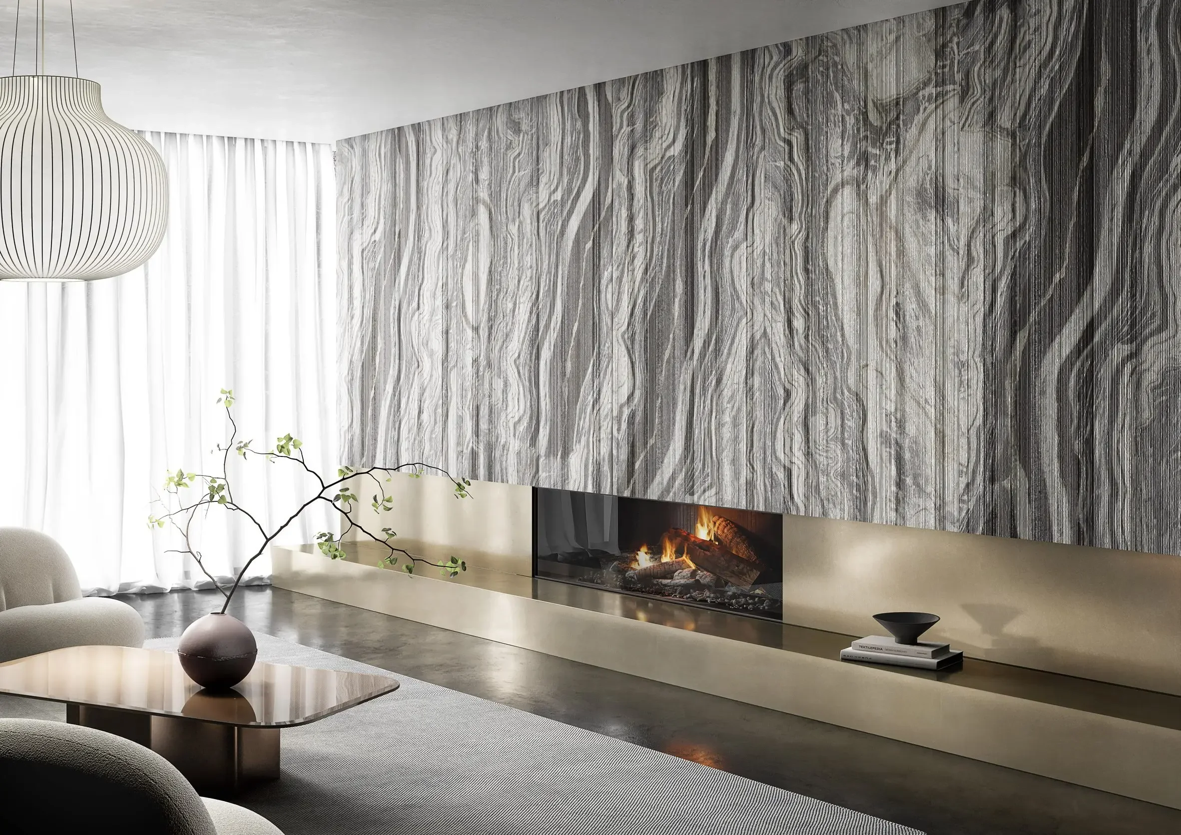 Accent wall and fireplace surround featuring Silver Stream marble with Stratos Finish from the Antolini Textures+ Collection, supplied by PietraCasa.
