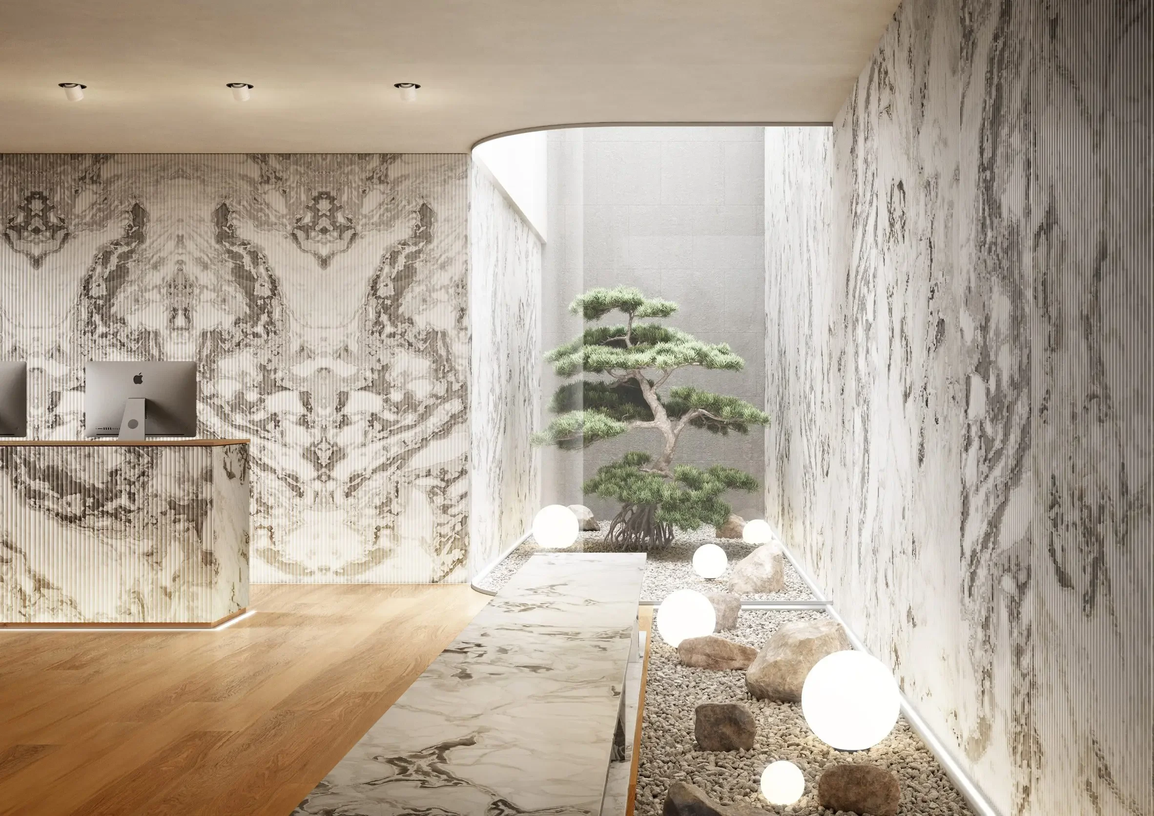Modern interior featuring Dover White® 'Selected' marble with a Flut finish by Antolini, showcasing unique stone application, supplied by PietraCasa.