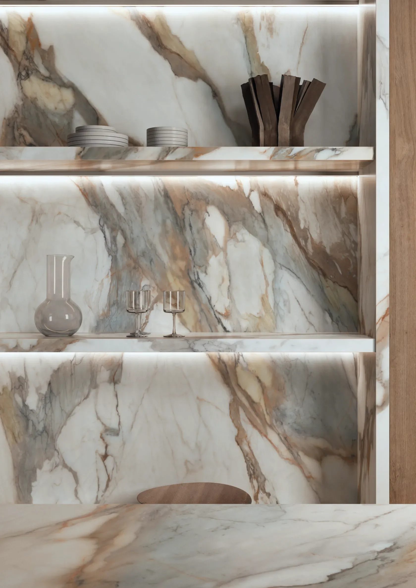 Elegant shelving detail featuring the Italstone Calacatta Viola large-format porcelain slab, an antibacterial ceramic reinterpretation of classic Italian Breccia Medicea marble, produced by the Italgraniti Group and available through PietraCasa.