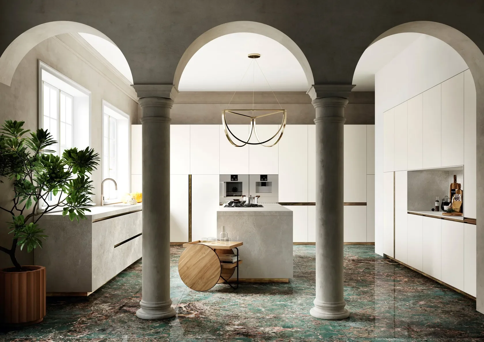 Luxurious Neoclassical kitchen design featuring SapienStone Platinum White porcelain surfaces, a marble-effect floor, gold pendant lighting, and classic arched architectural columns, supplied by PietraCasa.