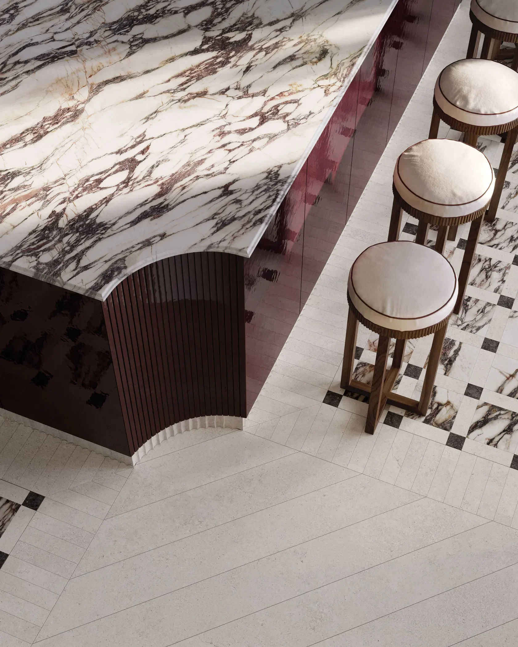 Countertop featuring SapienStone Fior di Viola 4D Italian porcelain, showcasing deep violet and burgundy veining on a white base with through-body veining, supplied by PietraCasa.