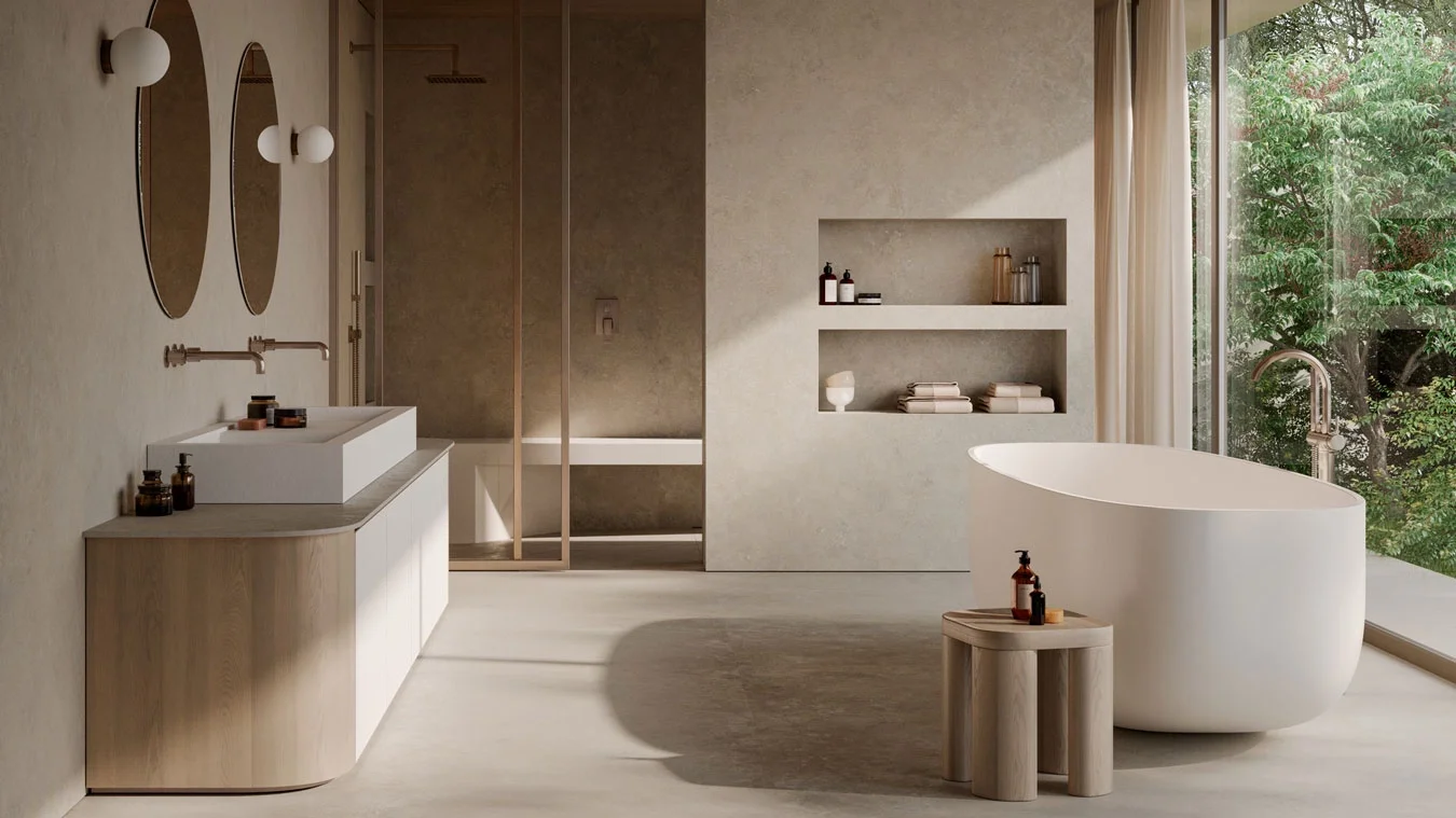 Luxurious modern bathroom featuring Marazzi porcelain stoneware and oversized stone-look wall panels, creating a spa-like atmosphere, available through PietraCasa.