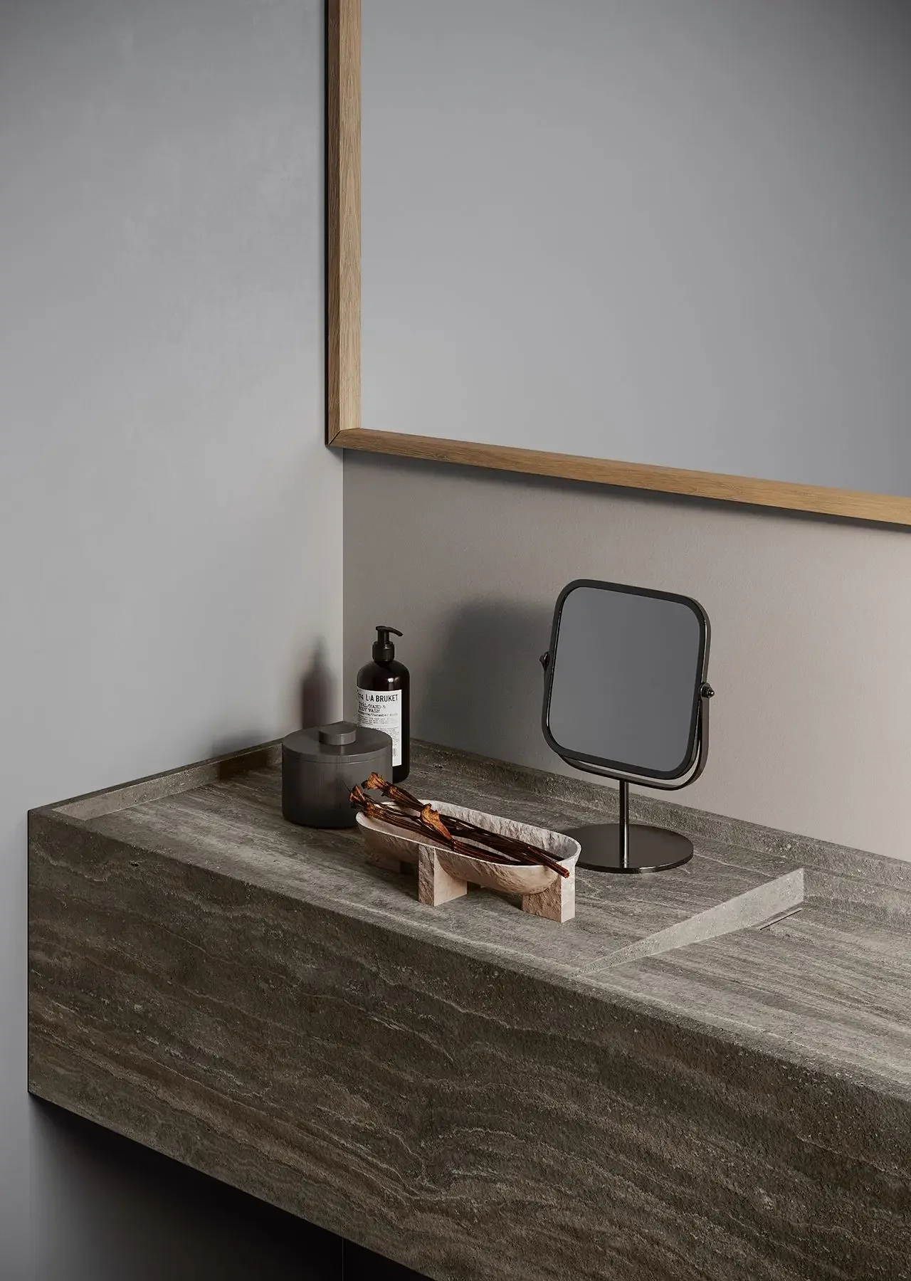 Luxurious Inalco Geo Gris bathroom sink featuring a monolithic design crafted from large-format ceramic MDi surfaces, mimicking the linear, elegant veins of natural travertine marble, exclusively distributed in the UK by PietraCasa.